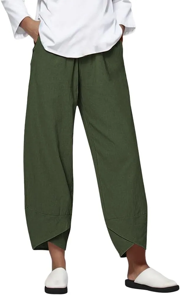 Summer Women Loose Women Straight Summer Pants High Casual Waist Long Solid Cotton Pants Womens High