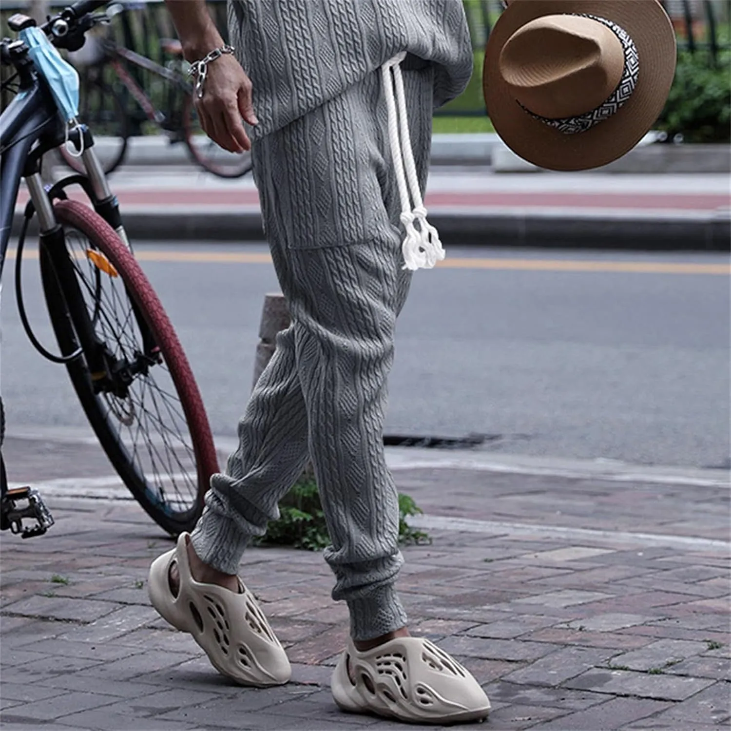 Sweatpants for Men Knited Drawstring Casual Trendy Lightweight Slim Fit Pants Outdoor Workout Running Trousers Pockets