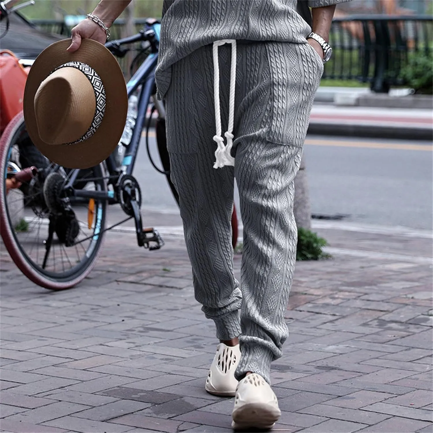 Sweatpants for Men Knited Drawstring Casual Trendy Lightweight Slim Fit Pants Outdoor Workout Running Trousers Pockets