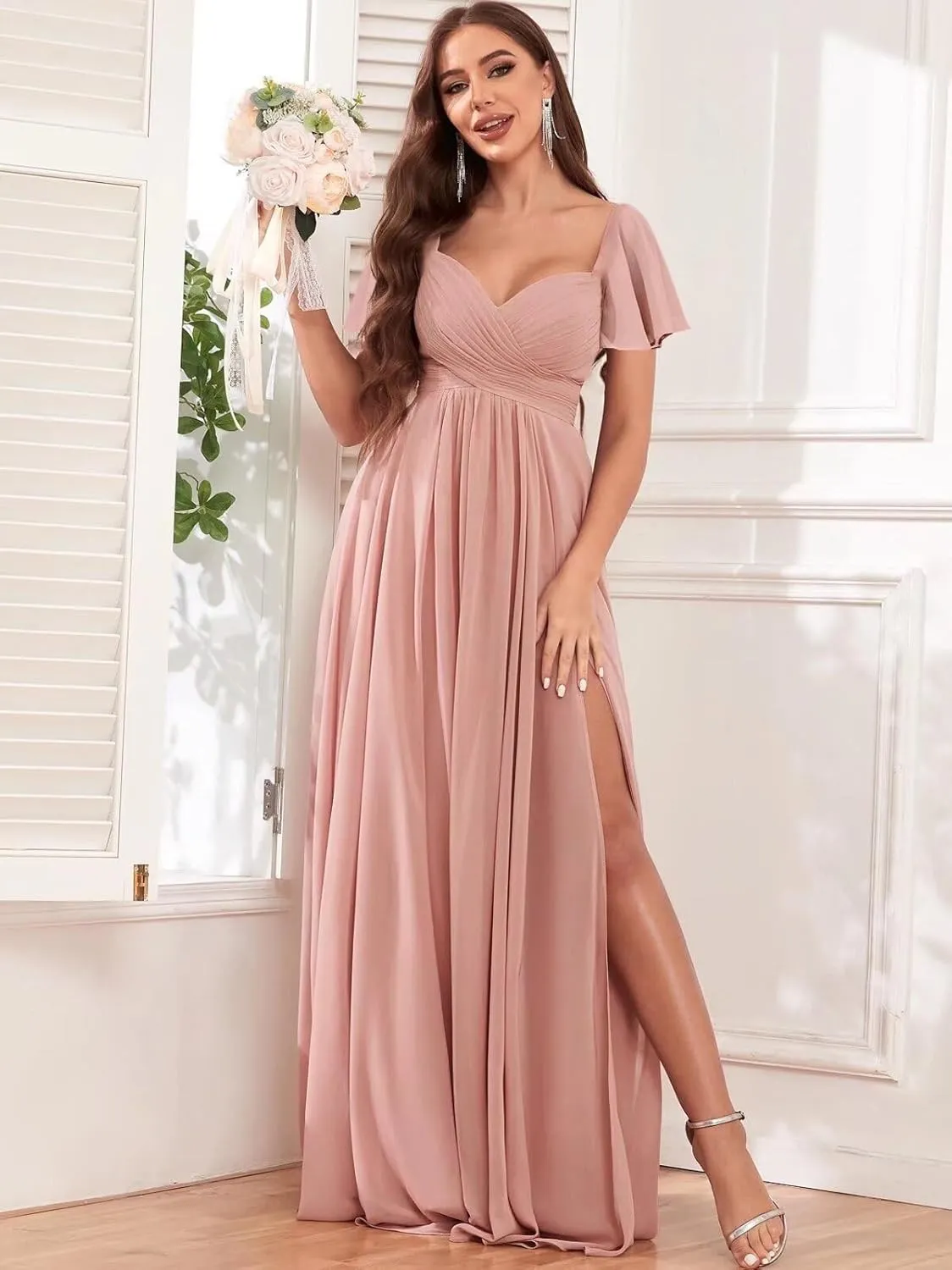 Sweetheart Bridesmaid Dresses for Women Short Sleeve Chiffon A Line Formal Wedding Dress with Slit