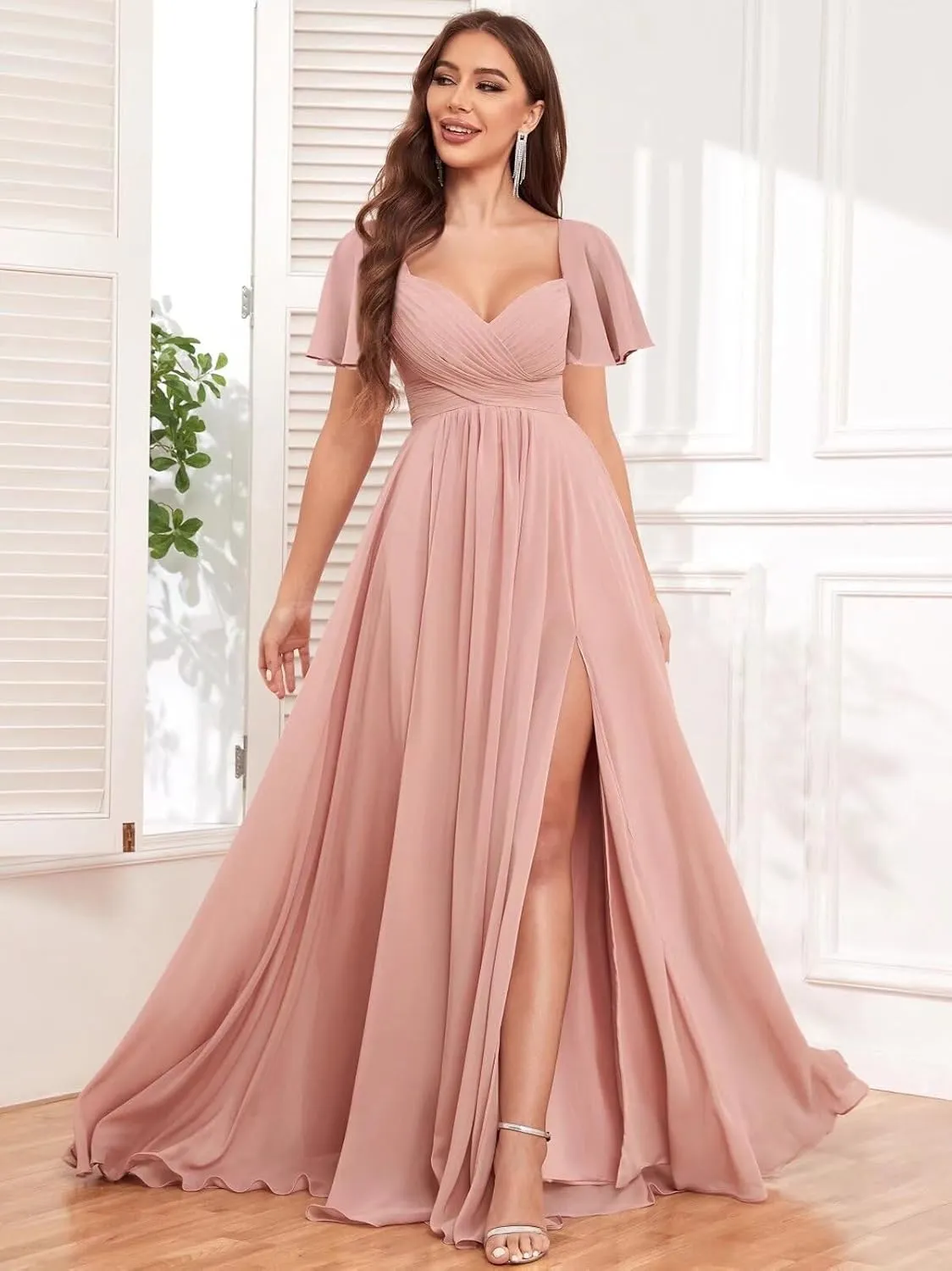 Sweetheart Bridesmaid Dresses for Women Short Sleeve Chiffon A Line Formal Wedding Dress with Slit