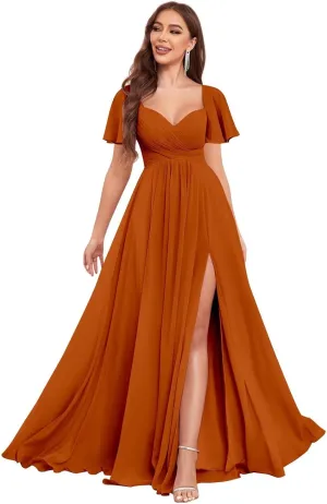 Sweetheart Bridesmaid Dresses for Women Short Sleeve Chiffon A Line Formal Wedding Dress with Slit