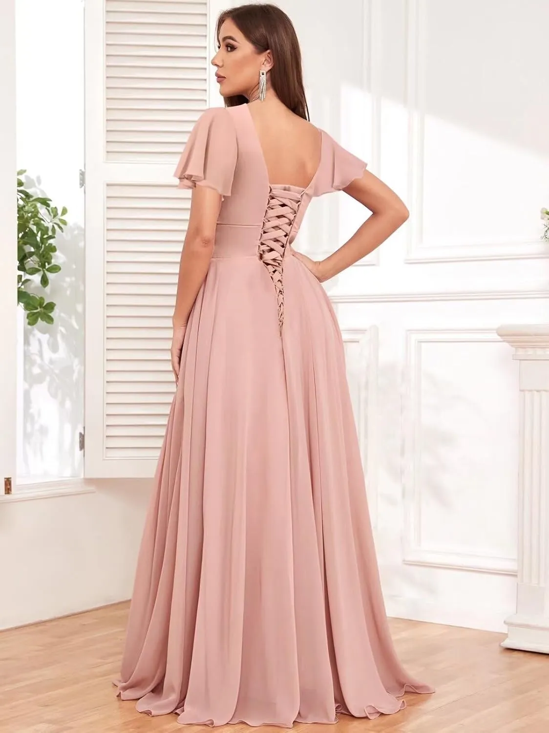 Sweetheart Bridesmaid Dresses for Women Short Sleeve Chiffon A Line Formal Wedding Dress with Slit