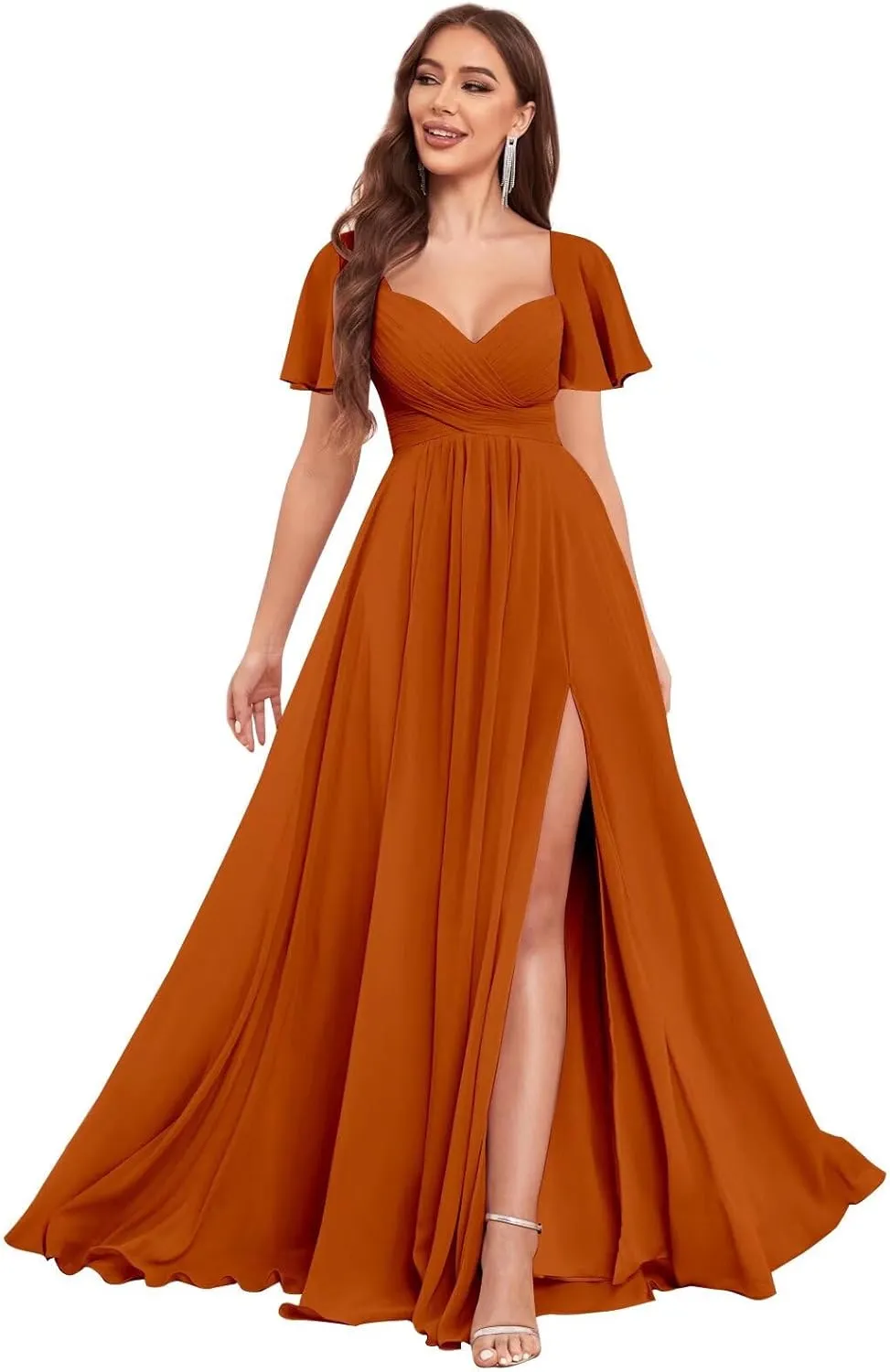 Sweetheart Bridesmaid Dresses for Women Short Sleeve Chiffon A Line Formal Wedding Dress with Slit