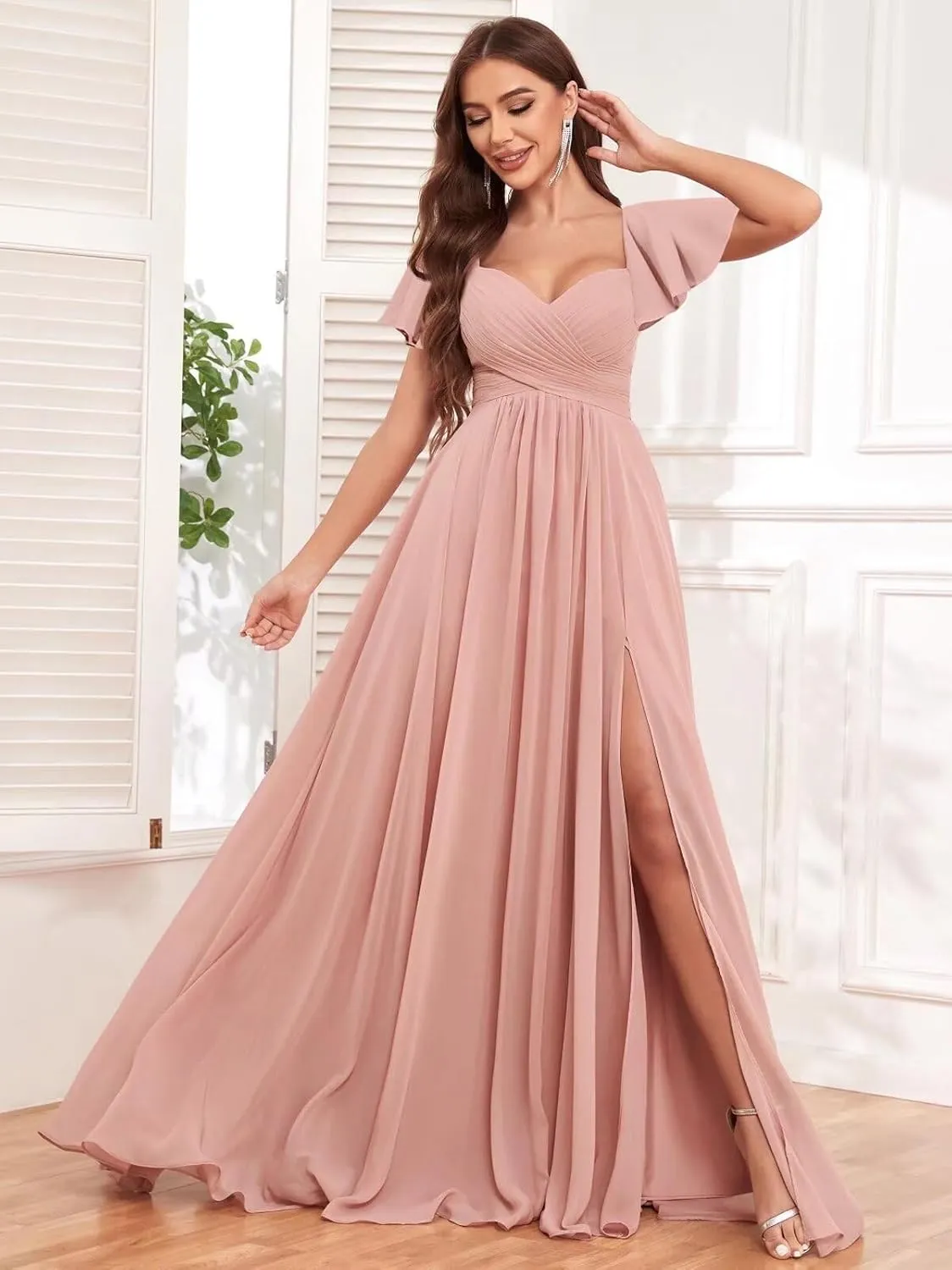 Sweetheart Bridesmaid Dresses for Women Short Sleeve Chiffon A Line Formal Wedding Dress with Slit