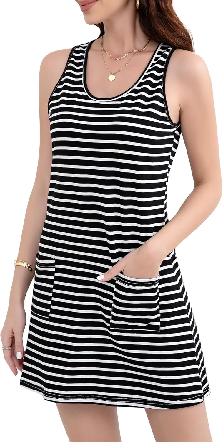 syztsho Womens Summer Dresses Casual Striped Scoop Neck T Shirt Dress Sleeveless Sundress with Pocke