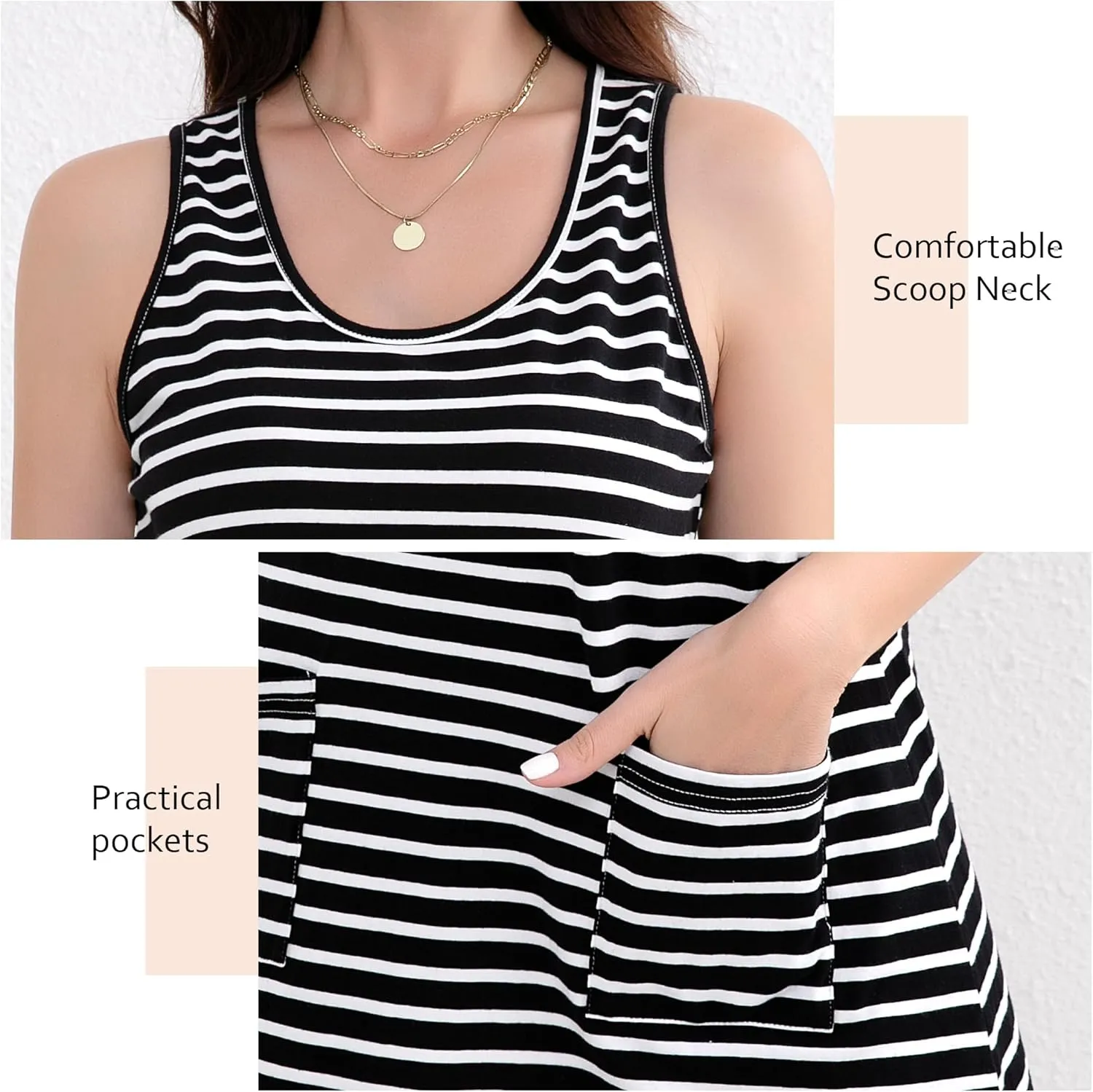 syztsho Womens Summer Dresses Casual Striped Scoop Neck T Shirt Dress Sleeveless Sundress with Pocke
