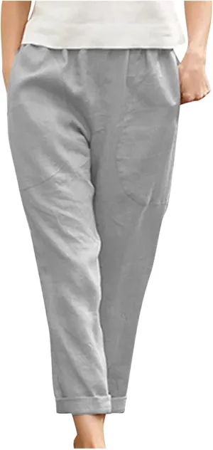 TARIENDY Womens Casual Pants Straight Leg Elastic Waist Summer Pant Plus Size Comfy Trousers Beach Outfits with Pockets