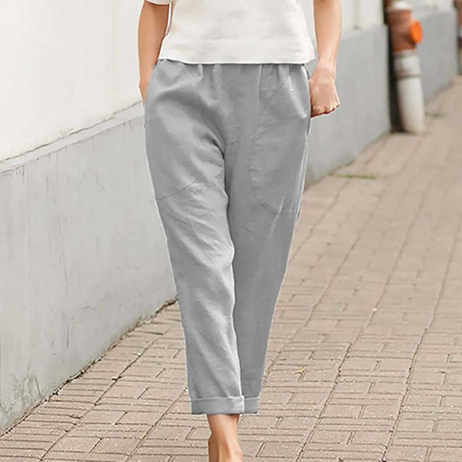 TARIENDY Womens Casual Pants Straight Leg Elastic Waist Summer Pant Plus Size Comfy Trousers Beach Outfits with Pockets