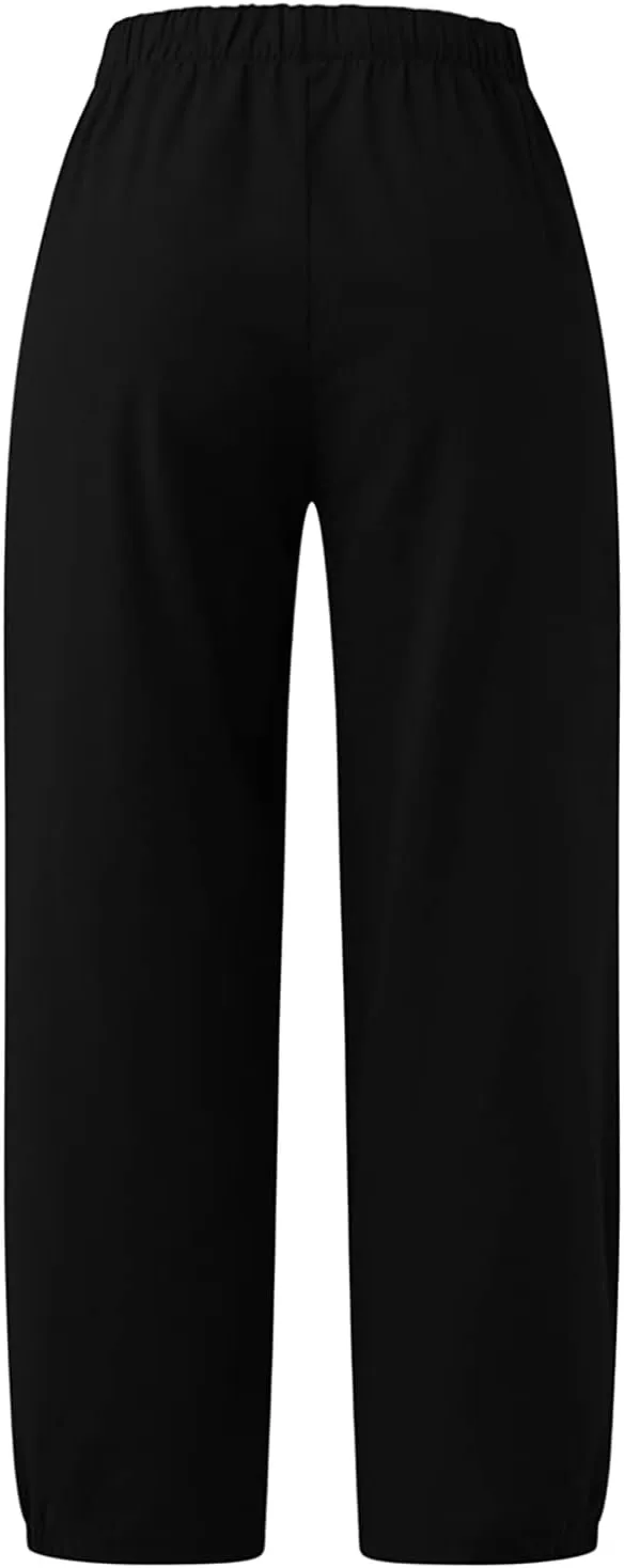 TBA Women's Casual Pants Summer Wide Leg Capris Drawstring Elastic High Waist Cotton Cropped Trousers with Pockets