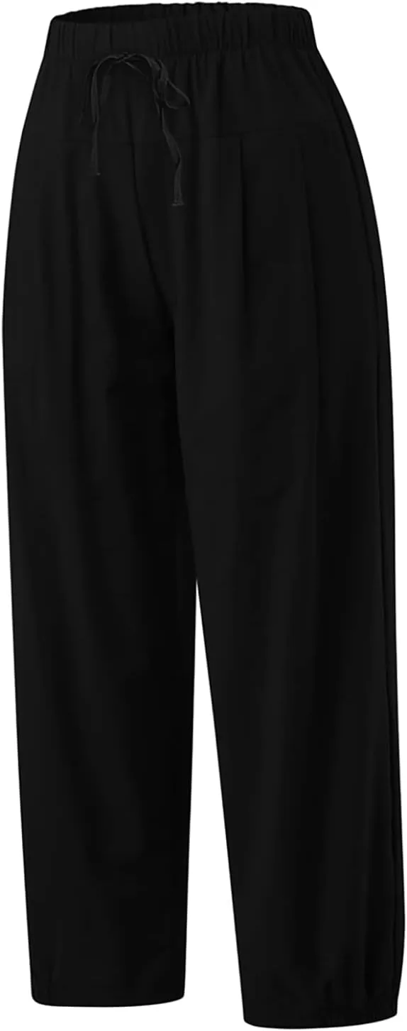 TBA Women's Casual Pants Summer Wide Leg Capris Drawstring Elastic High Waist Cotton Cropped Trousers with Pockets