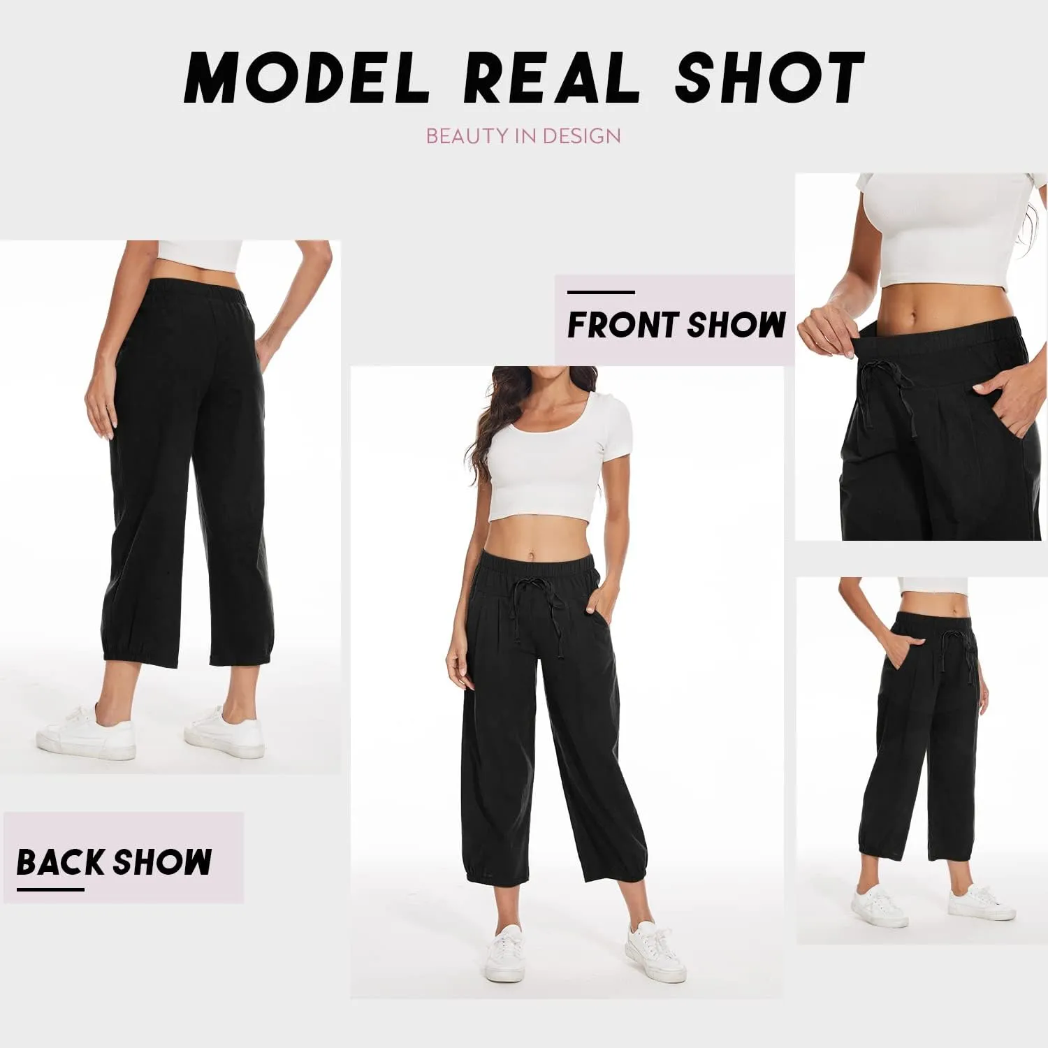 TBA Women's Casual Pants Summer Wide Leg Capris Drawstring Elastic High Waist Cotton Cropped Trousers with Pockets