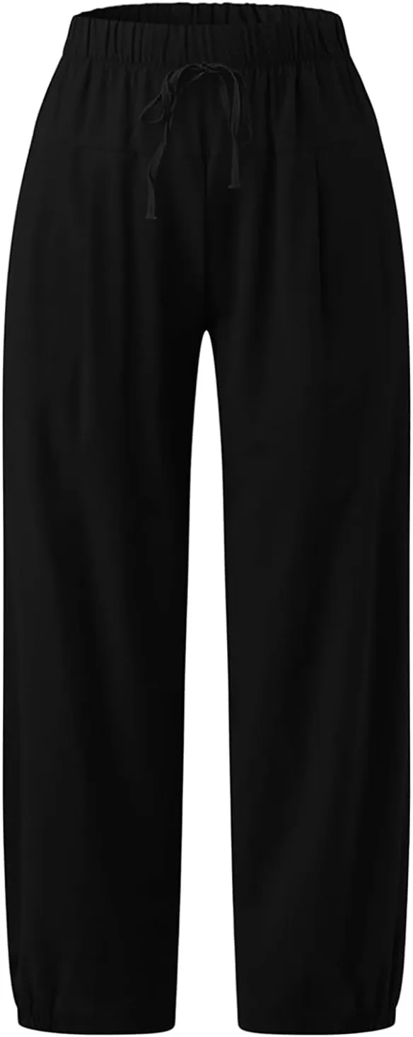 TBA Women's Casual Pants Summer Wide Leg Capris Drawstring Elastic High Waist Cotton Cropped Trousers with Pockets
