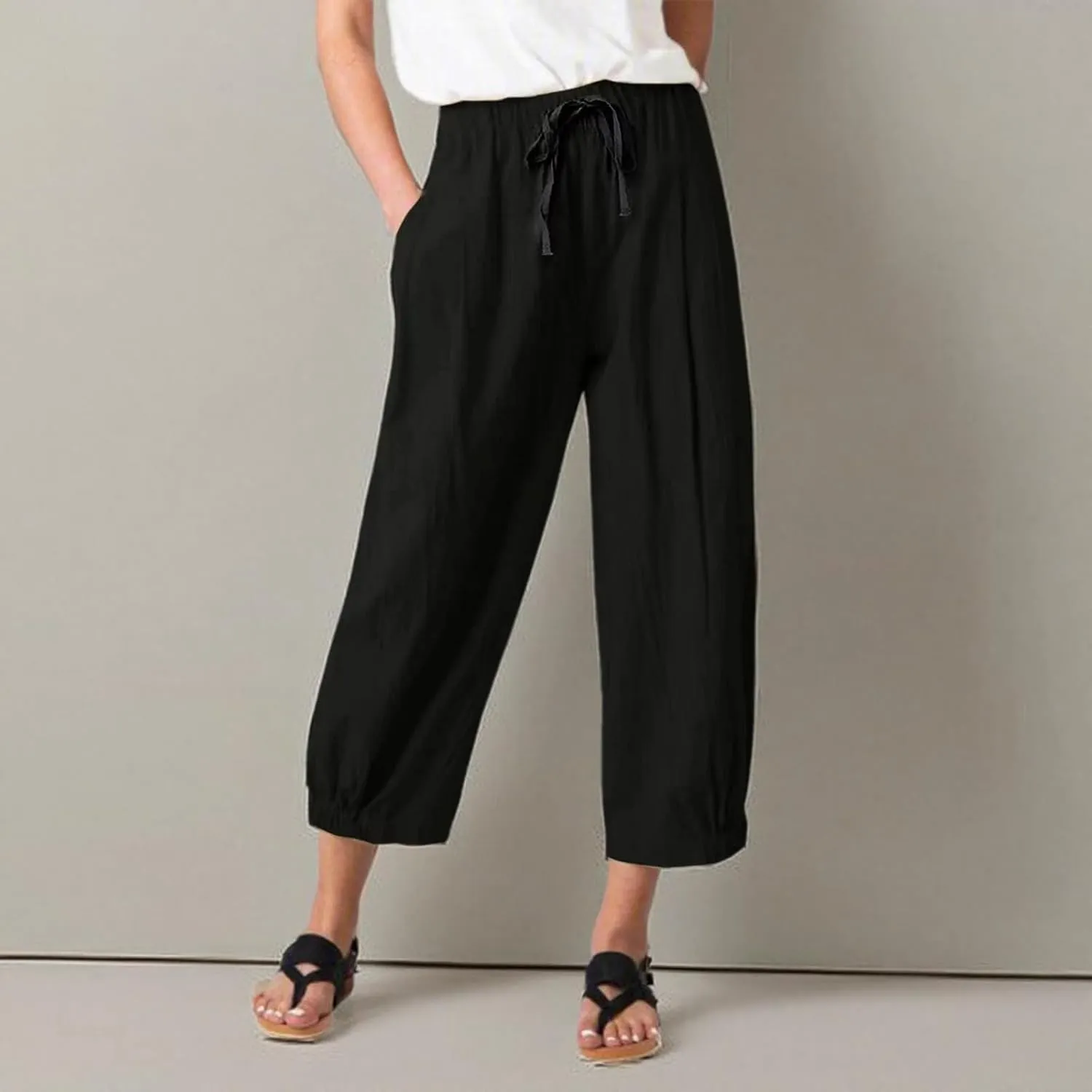 TBA Women's Casual Pants Summer Wide Leg Capris Drawstring Elastic High Waist Cotton Cropped Trousers with Pockets