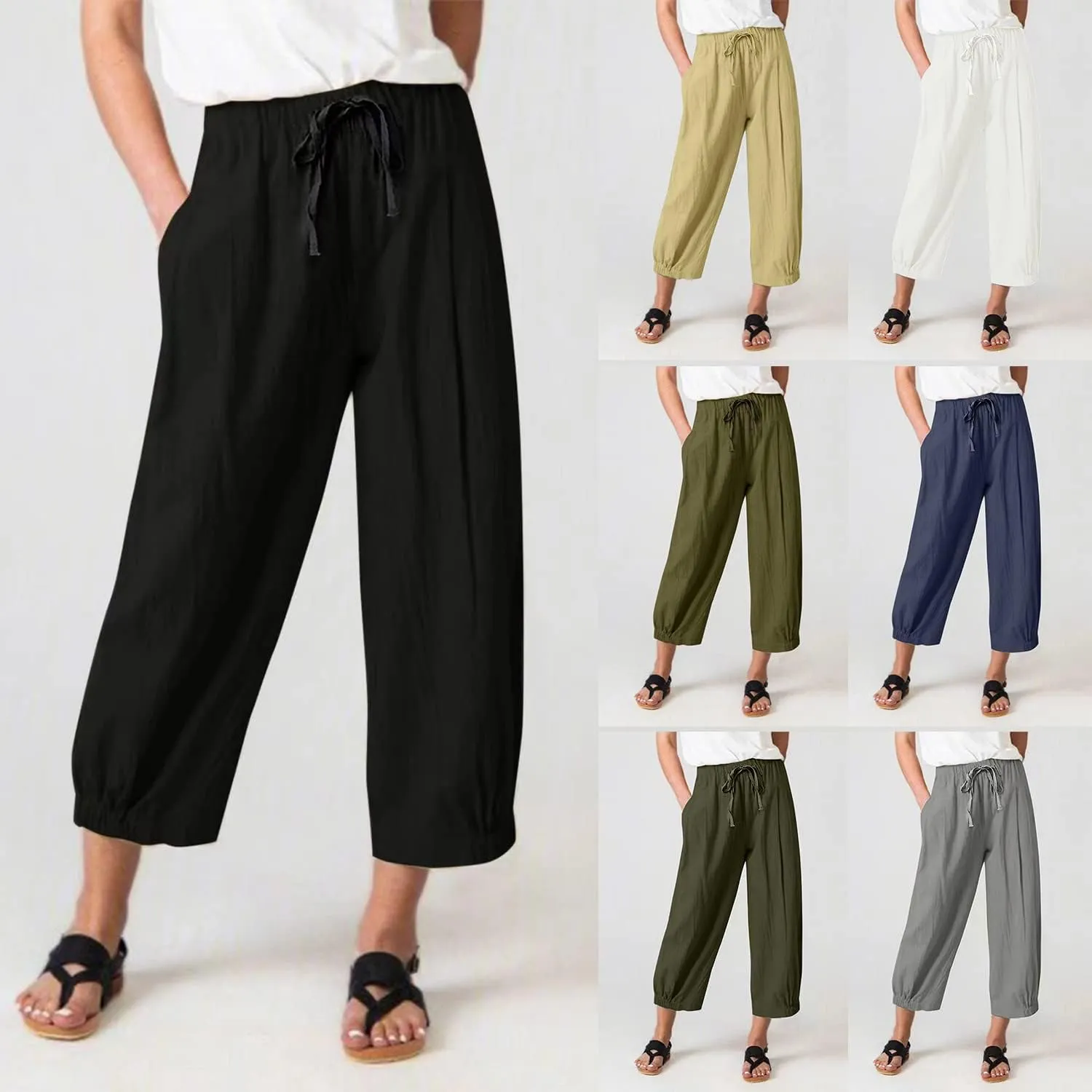 TBA Women's Casual Pants Summer Wide Leg Capris Drawstring Elastic High Waist Cotton Cropped Trousers with Pockets