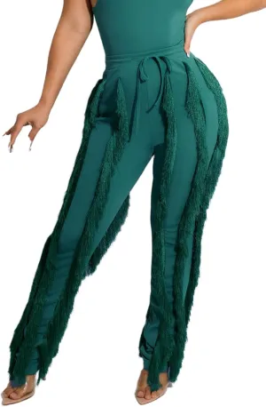 Tcremisa Fringe Pants for Women High Waist Tassel Trousers Drawstring Jogger Sweatpants Clubwear