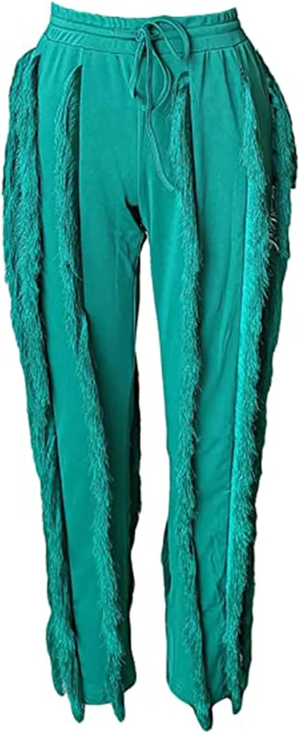 Tcremisa Fringe Pants for Women High Waist Tassel Trousers Drawstring Jogger Sweatpants Clubwear