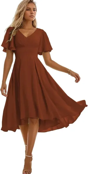 Tea Length Bridesmaid Dresses for Wedding V Neck Short Sleeve Formal Dresses for Women