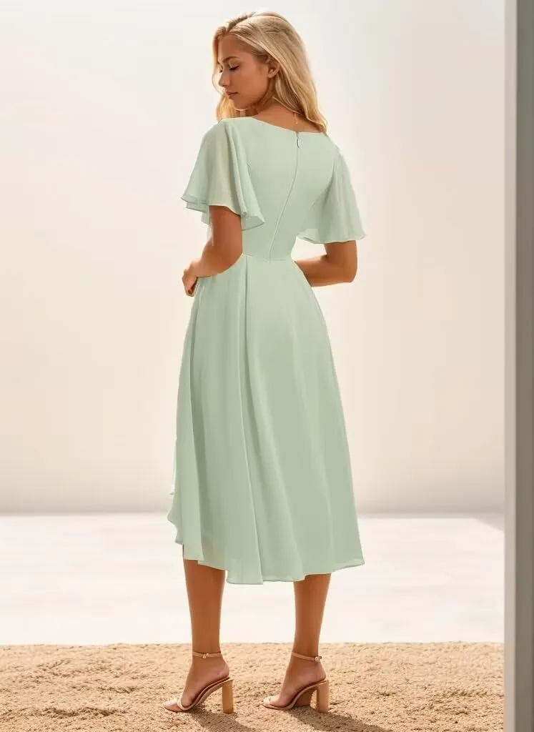 Tea Length Bridesmaid Dresses for Wedding V Neck Short Sleeve Formal Dresses for Women