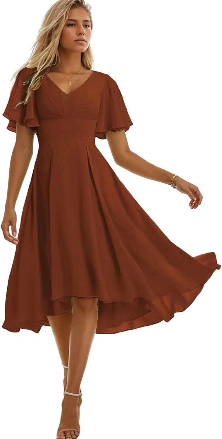 Tea Length Bridesmaid Dresses for Wedding V Neck Short Sleeve Formal Dresses for Women