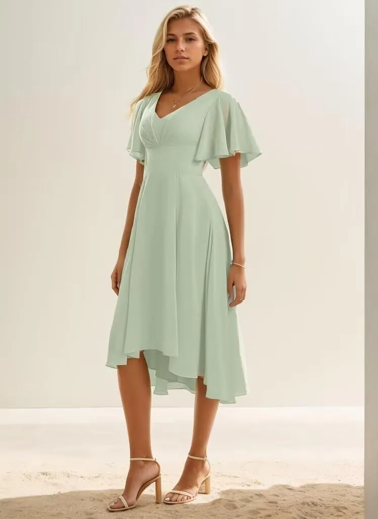 Tea Length Bridesmaid Dresses for Wedding V Neck Short Sleeve Formal Dresses for Women