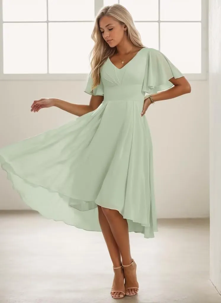 Tea Length Bridesmaid Dresses for Wedding V Neck Short Sleeve Formal Dresses for Women