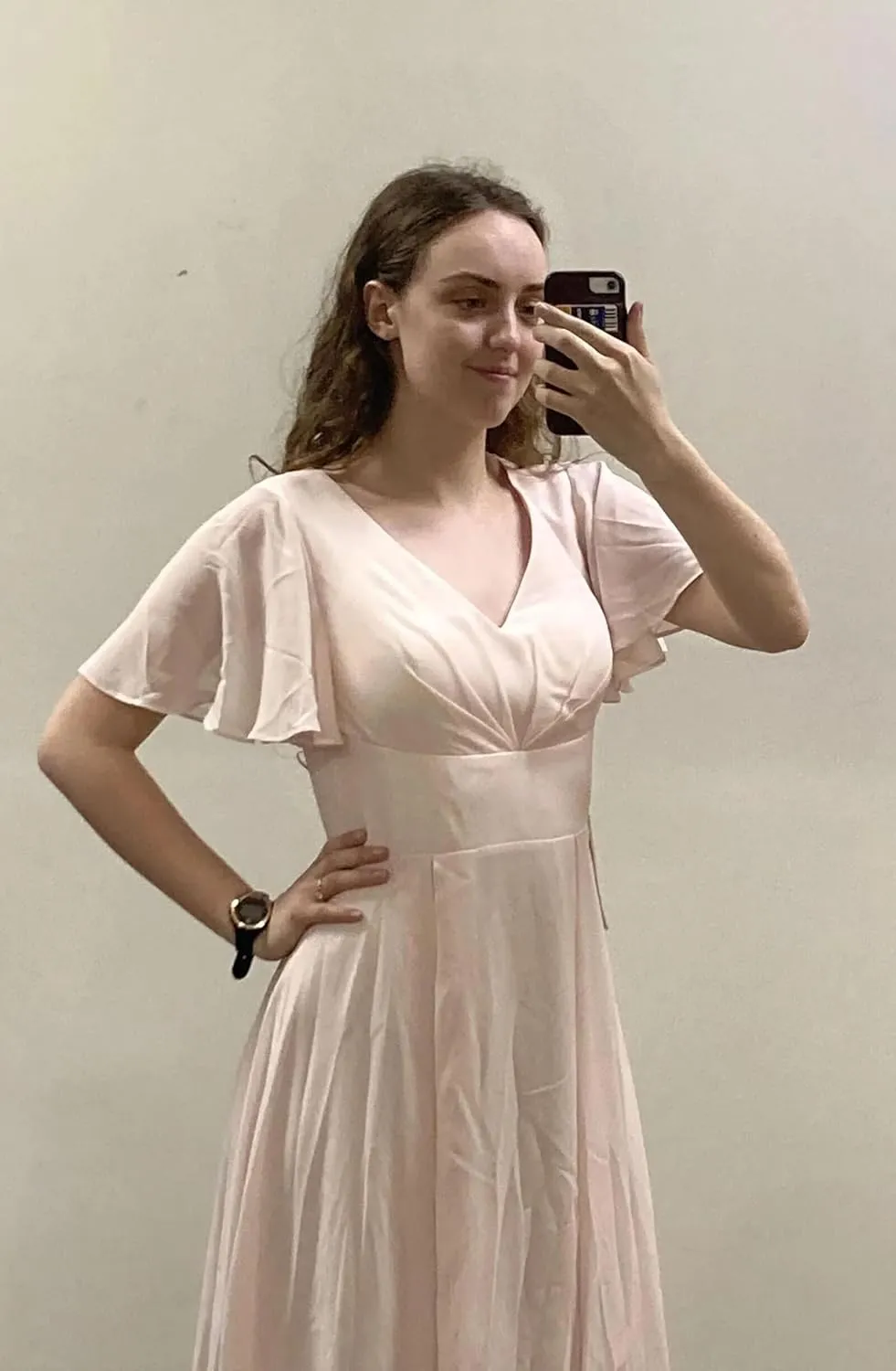 Tea Length Bridesmaid Dresses for Wedding V Neck Short Sleeve Formal Dresses for Women