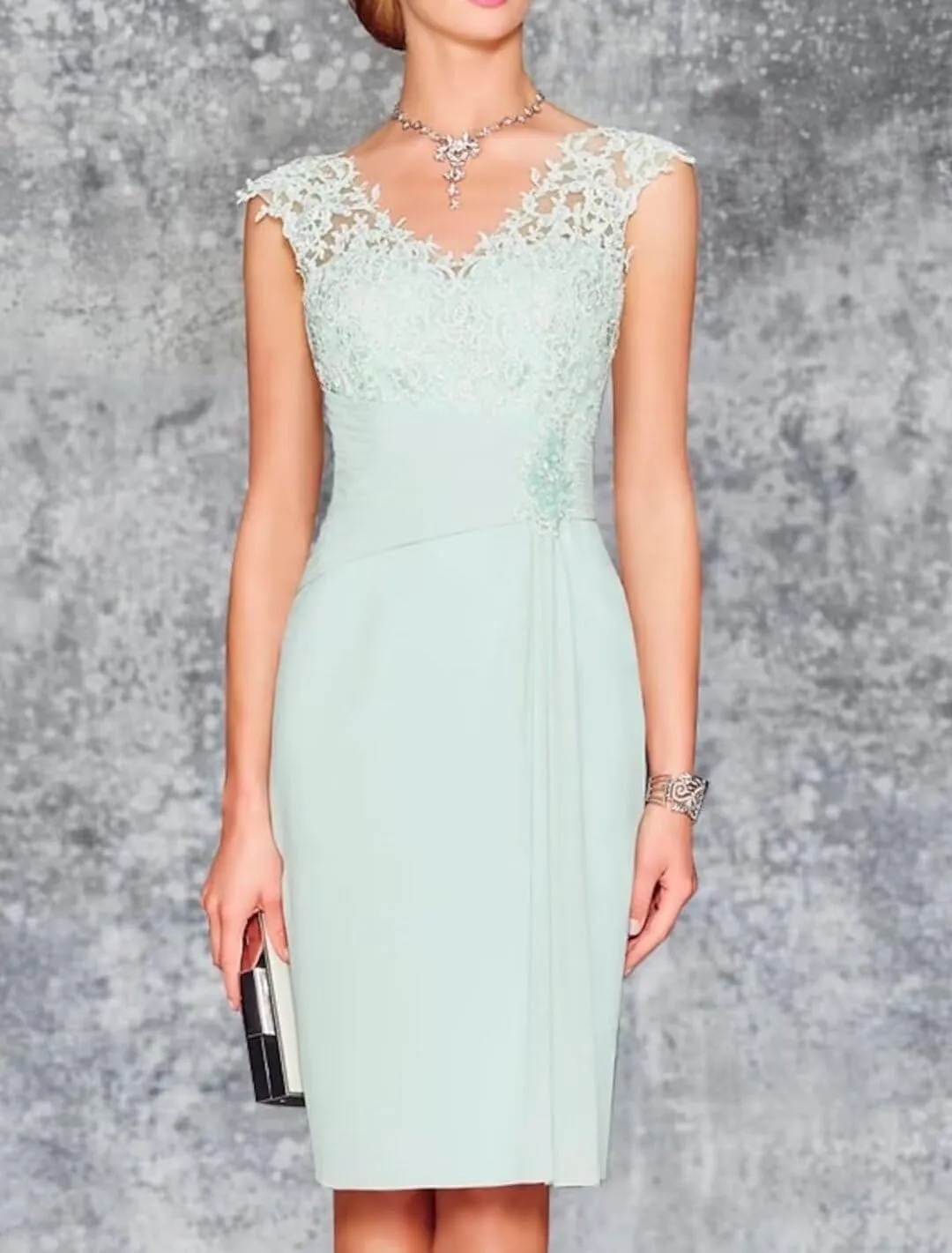 Tea Length Mother of The Bride Dresses with Jacket Long Sleeve V Neck Lace Chiffon Formal Evening Gowns