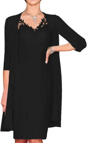 Tea Length Mother of The Bride Dresses with Jacket Long Sleeve V Neck Lace Chiffon Formal Evening Gowns