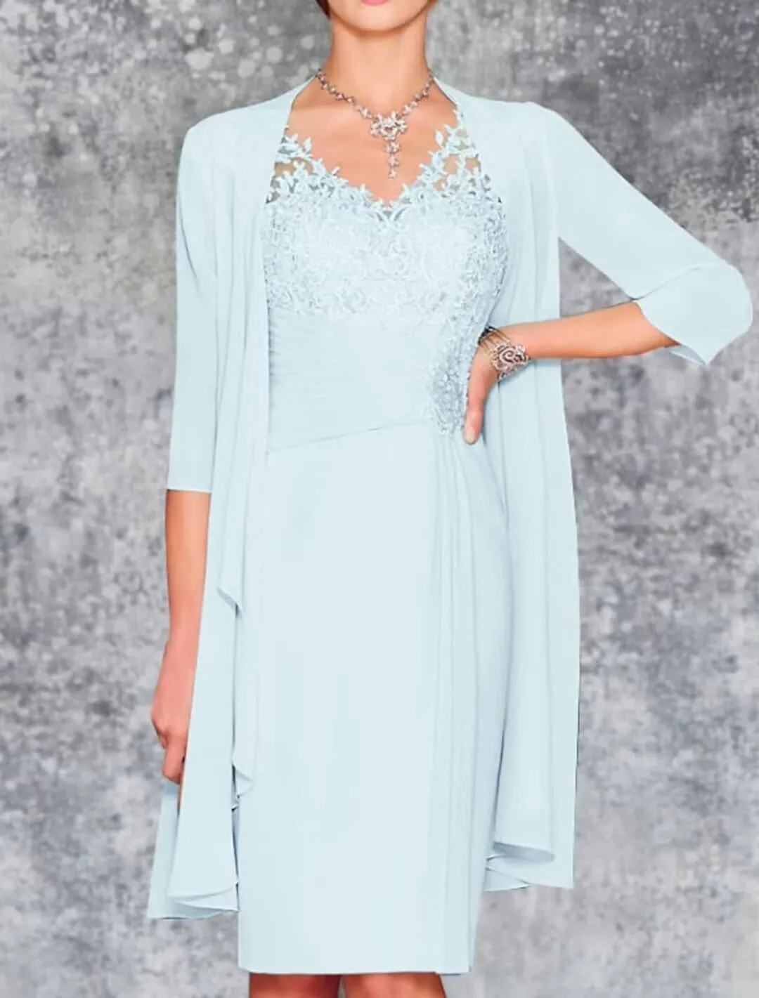 Tea Length Mother of The Bride Dresses with Jacket Long Sleeve V Neck Lace Chiffon Formal Evening Gowns