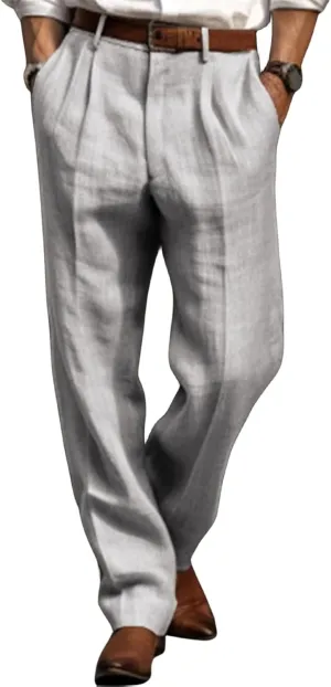 Thatrich Casual Linen Pants Men Retro Business Formal Work Pants Lightweight Regular Fit Straight Leg Beach Vacation Slacks