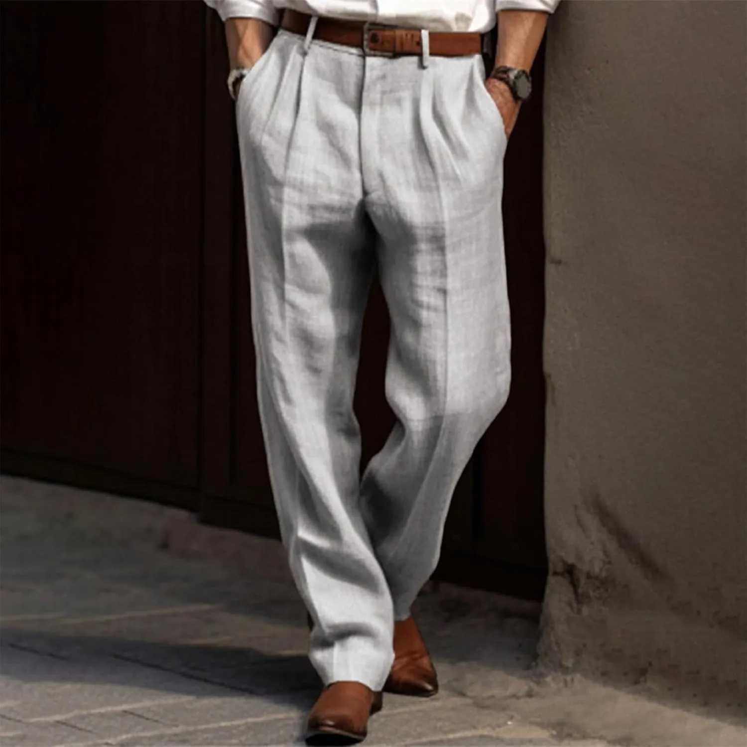 Thatrich Casual Linen Pants Men Retro Business Formal Work Pants Lightweight Regular Fit Straight Leg Beach Vacation Slacks