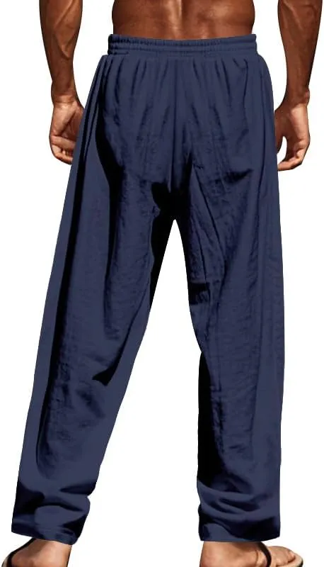 Thatrich Mens Casual Cotton Linen Pants Wide Leg Elastic Waist Button Trousers Loose Fit Lightweight Breathable Beach Slacks