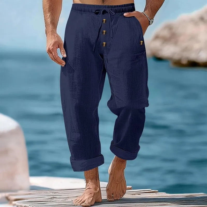 Thatrich Mens Casual Cotton Linen Pants Wide Leg Elastic Waist Button Trousers Loose Fit Lightweight Breathable Beach Slacks