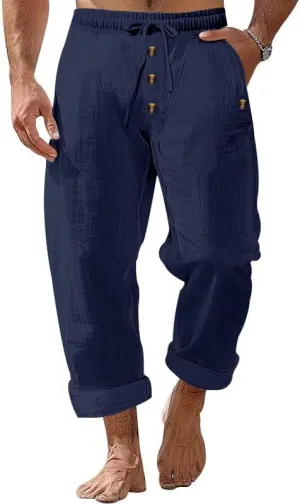 Thatrich Mens Casual Cotton Linen Pants Wide Leg Elastic Waist Button Trousers Loose Fit Lightweight Breathable Beach Slacks