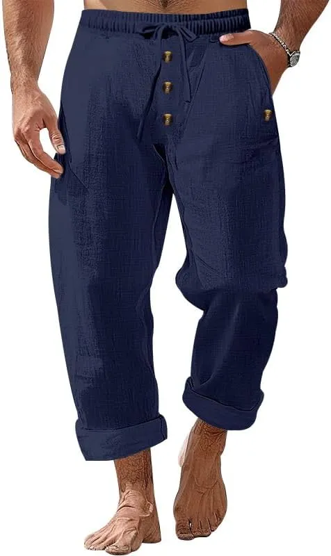 Thatrich Mens Casual Cotton Linen Pants Wide Leg Elastic Waist Button Trousers Loose Fit Lightweight Breathable Beach Slacks