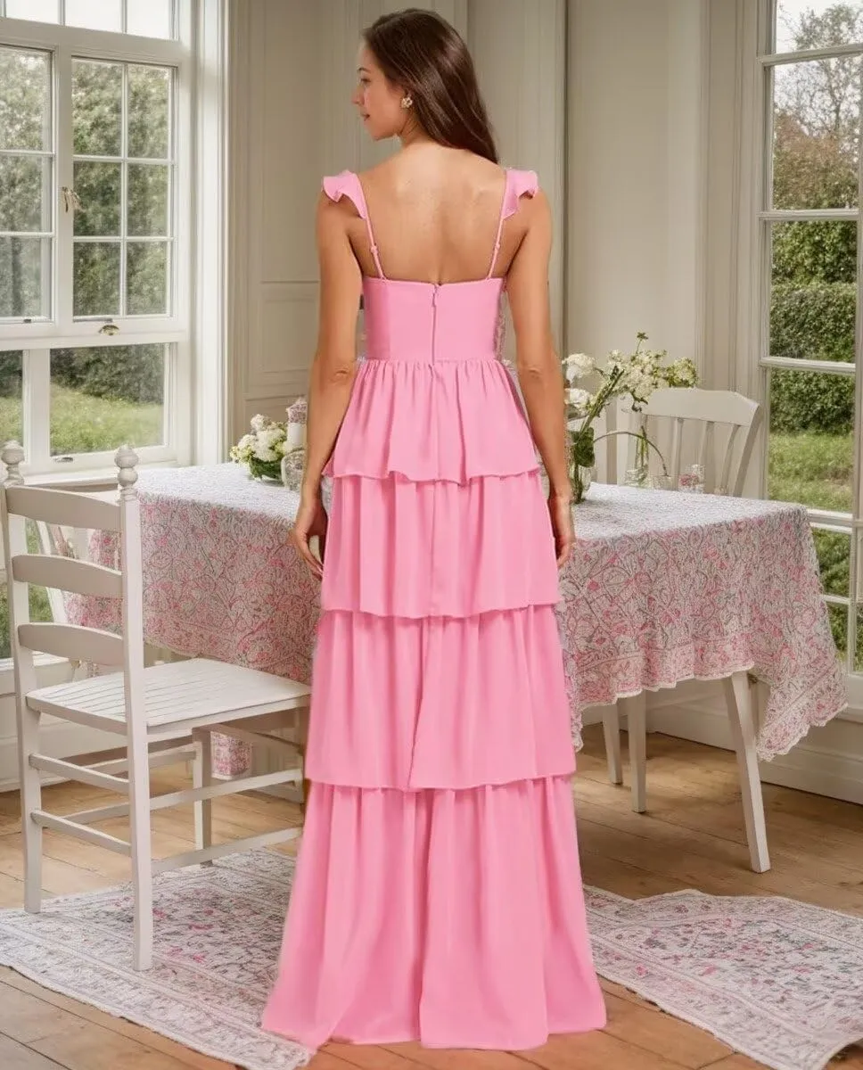 Tiered Ruffles Bridesmaid Dresses for Women 2025 Chiffon Long Formal Evening Dresses with Slit