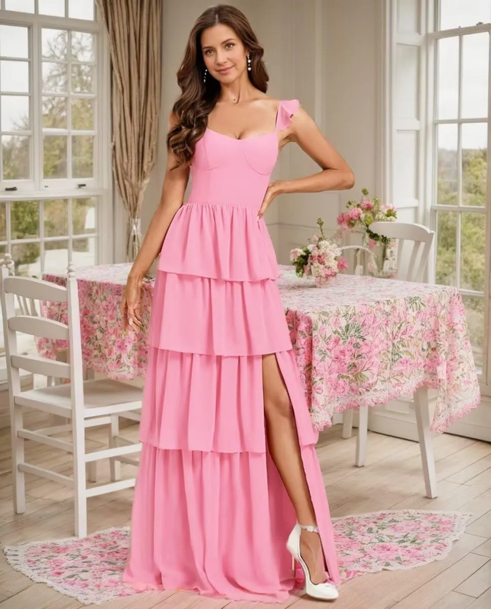 Tiered Ruffles Bridesmaid Dresses for Women 2025 Chiffon Long Formal Evening Dresses with Slit
