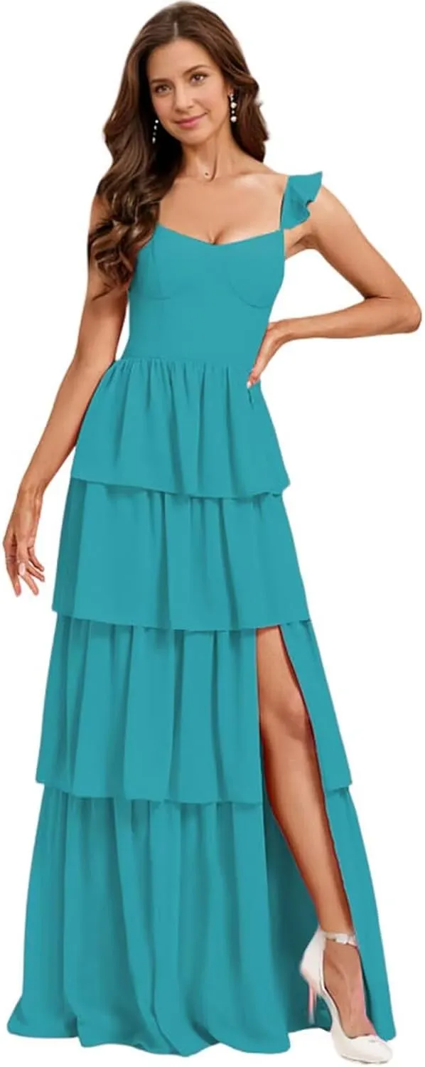 Tiered Ruffles Bridesmaid Dresses for Women 2025 Chiffon Long Formal Evening Dresses with Slit