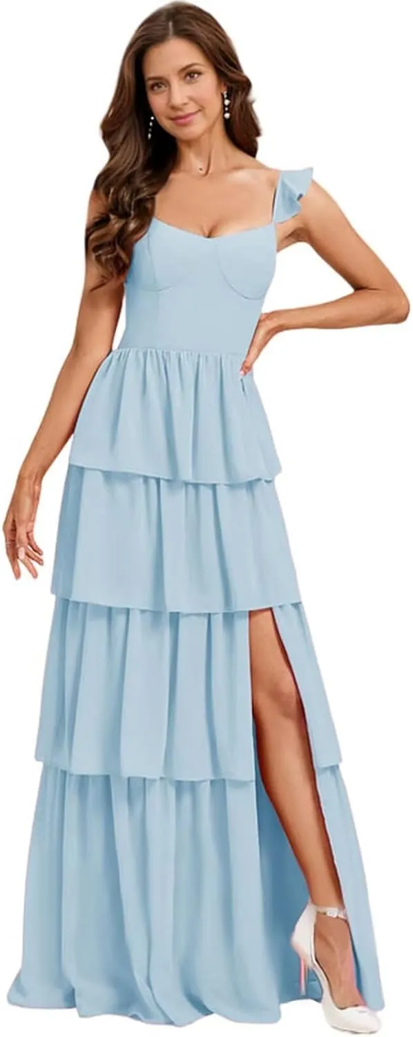Tiered Ruffles Bridesmaid Dresses for Women 2025 Chiffon Long Formal Evening Dresses with Slit