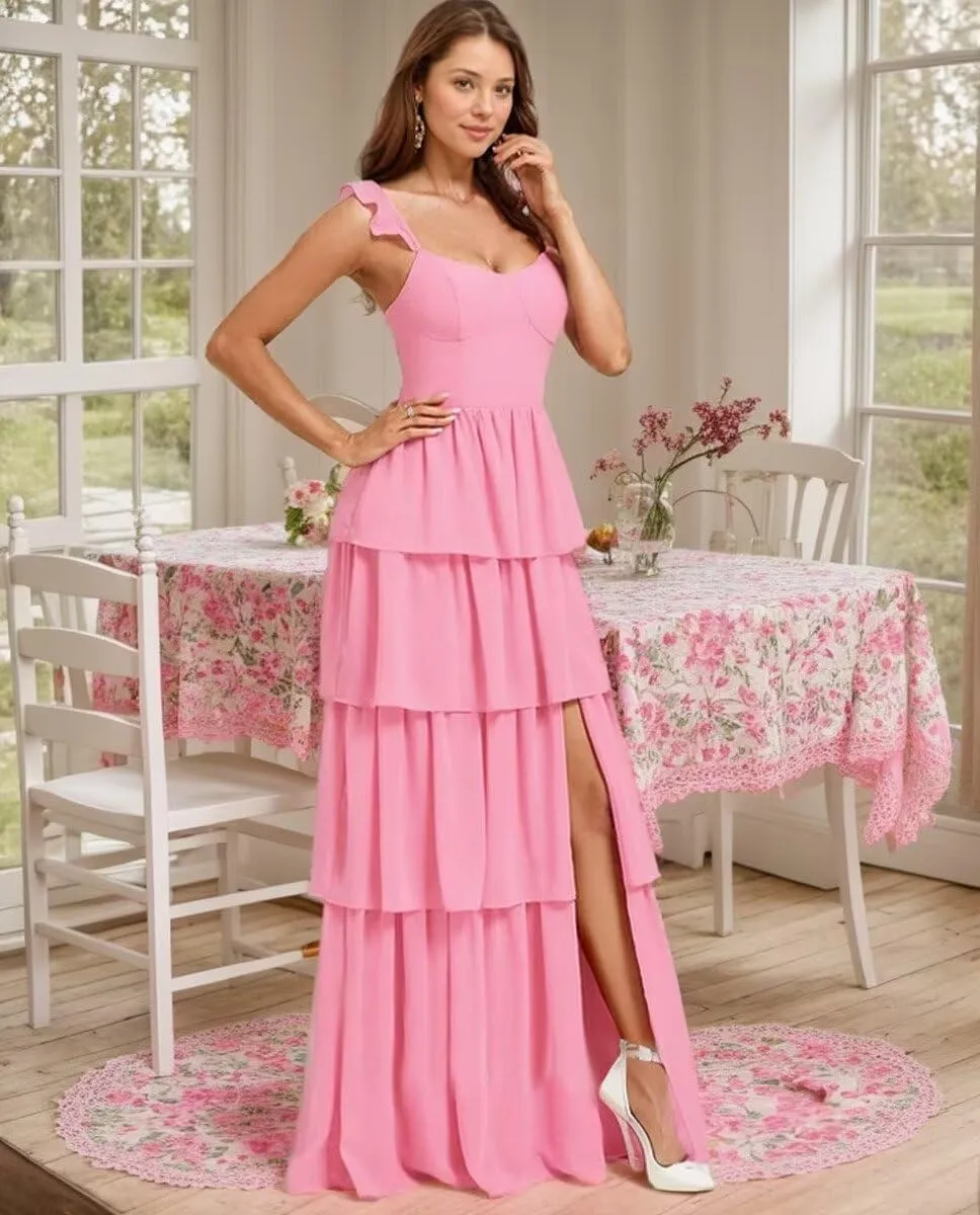Tiered Ruffles Bridesmaid Dresses for Women 2025 Chiffon Long Formal Evening Dresses with Slit