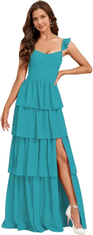 Tiered Ruffles Bridesmaid Dresses for Women 2025 Chiffon Long Formal Evening Dresses with Slit