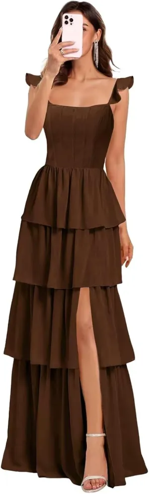 Tiered Ruffles Bridesmaid Dresses with Slit for Women 2025 Chiffon Formal Evening Party Dresses KN032