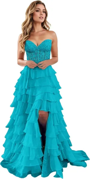 Tiered Ruffles Chiffon Prom Dresses with Slit Sweetheart Neck Lace Applique A-line Long Formal Evening Party Gowns