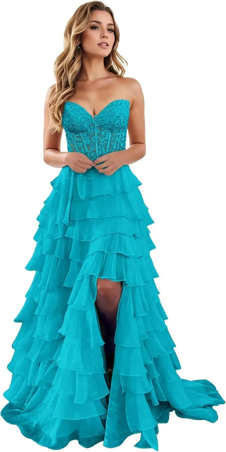 Tiered Ruffles Chiffon Prom Dresses with Slit Sweetheart Neck Lace Applique A-line Long Formal Evening Party Gowns
