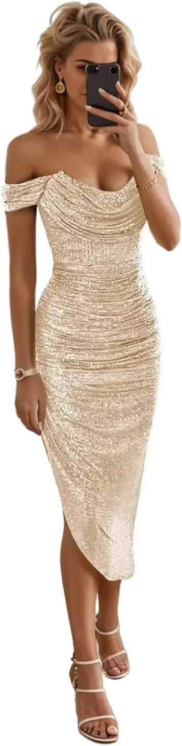 UZN Midi Sequin Prom Dresses Off Shoulder for Women 2024 Sparkly Tight Short Homecoming Dress