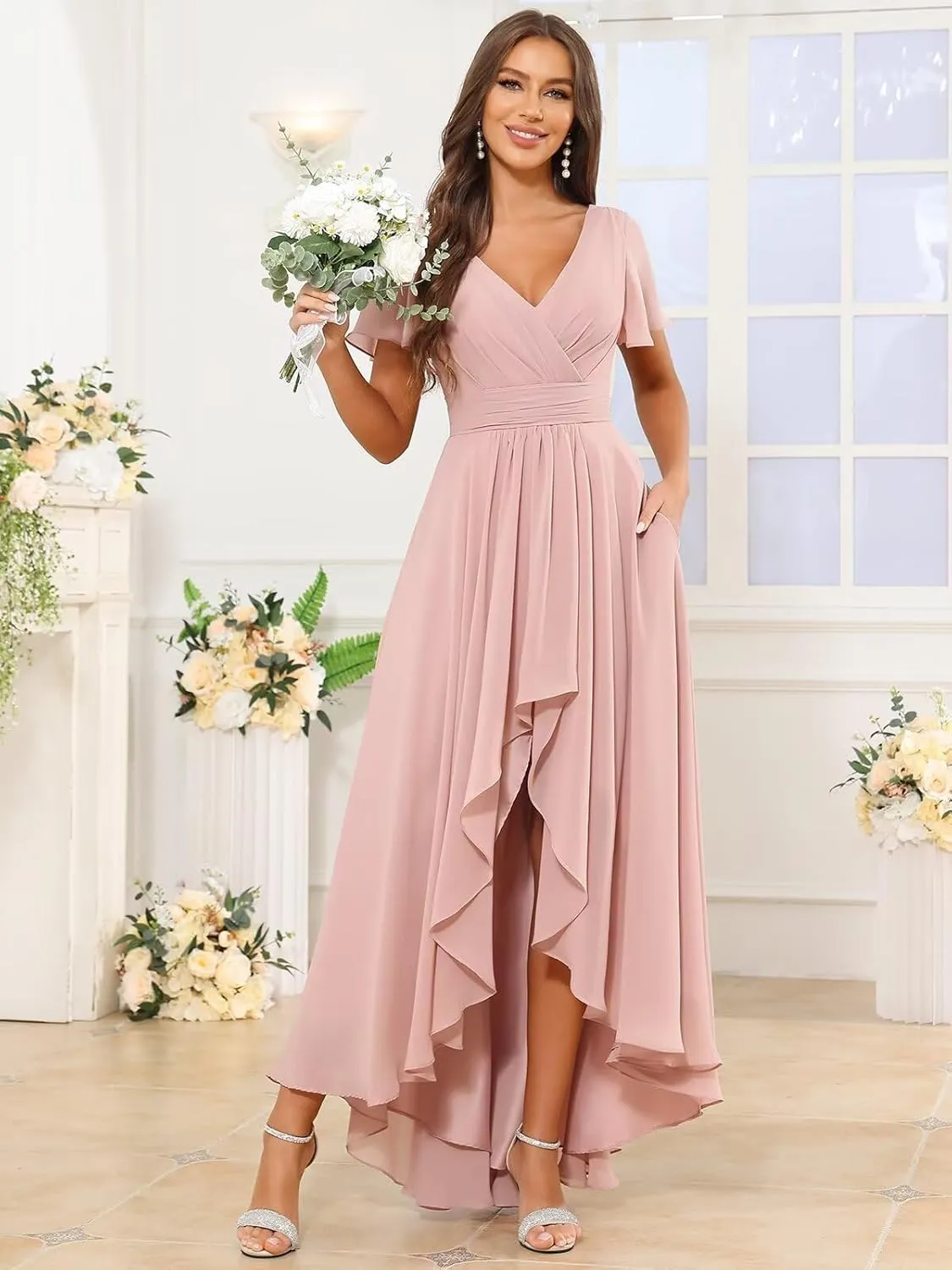 V Neck Bridesmaid Dresses for Women Short Sleeve High Low Chiffon Pleated A Line Formal Dress with Pockets