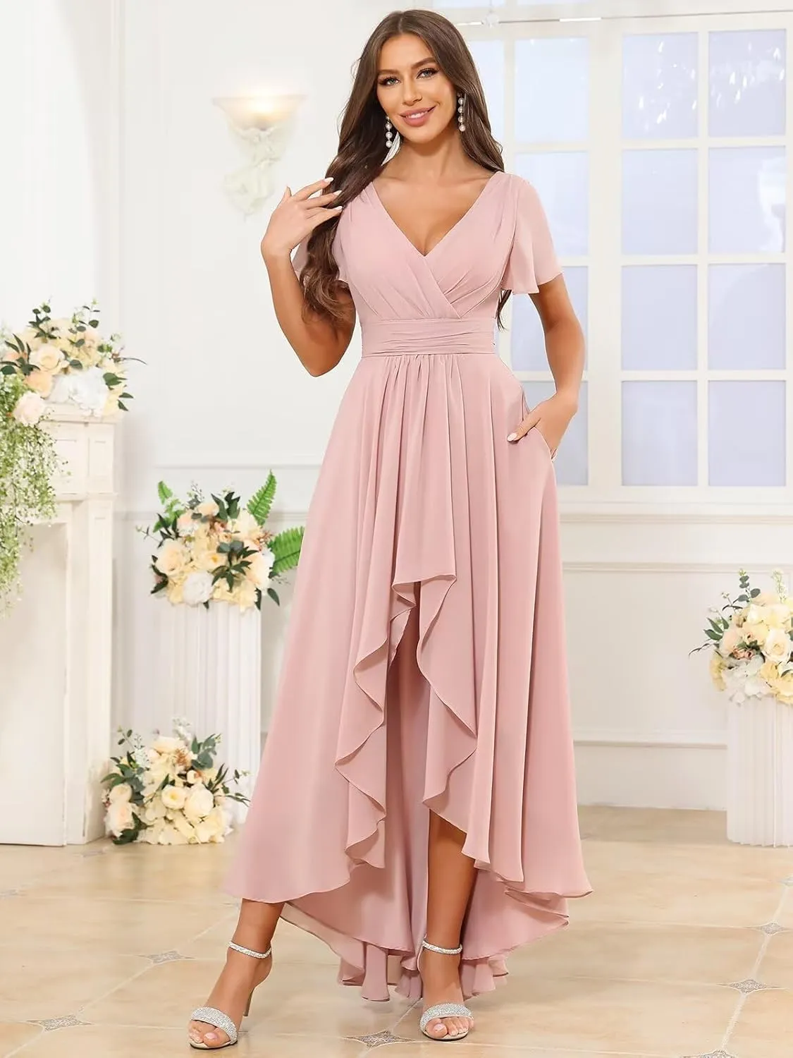 V Neck Bridesmaid Dresses for Women Short Sleeve High Low Chiffon Pleated A Line Formal Dress with Pockets