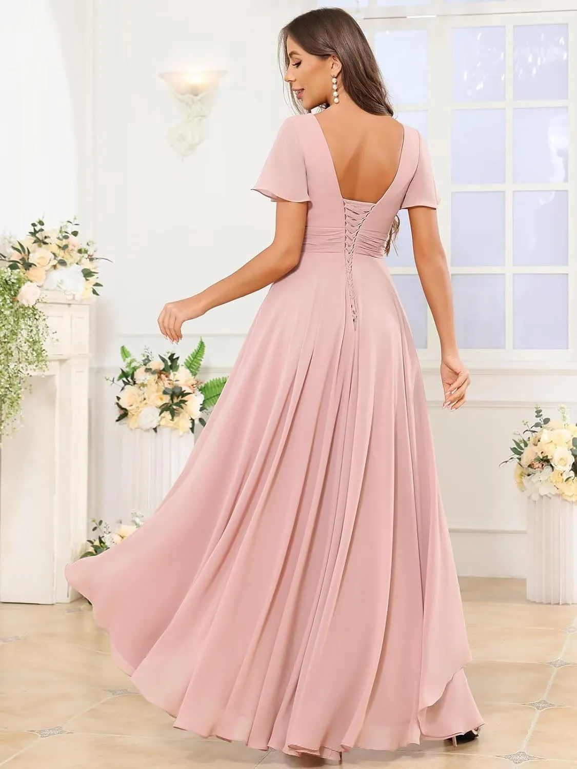 V Neck Bridesmaid Dresses for Women Short Sleeve High Low Chiffon Pleated A Line Formal Dress with Pockets