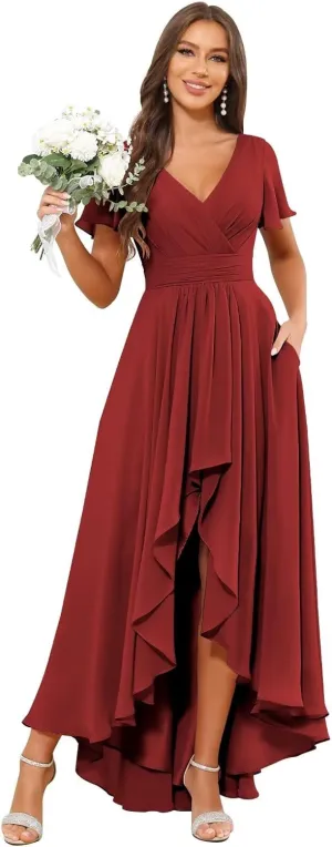 V Neck Bridesmaid Dresses for Women Short Sleeve High Low Chiffon Pleated A Line Formal Dress with Pockets